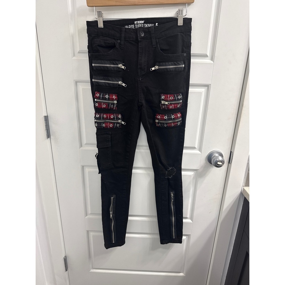 Hot Topic HT Denim Hi-Rise Super Skinny Jeans Black Red Plaid Zipper Punk Size 5